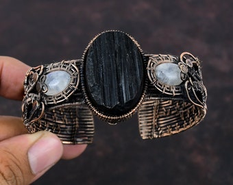 Black Tourmaline Rough Cuff Bracelet Copper Wire Wrapped Gemstone Bangle Moonstone Bracelet Handmade Adjustable Bangle Unique Copper Jewelry