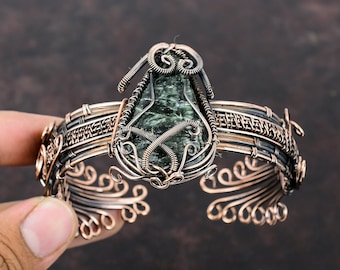 Handmade Copper Seraphinite Cuff Bracelet, Wire Wrapped Gemstone Bangle