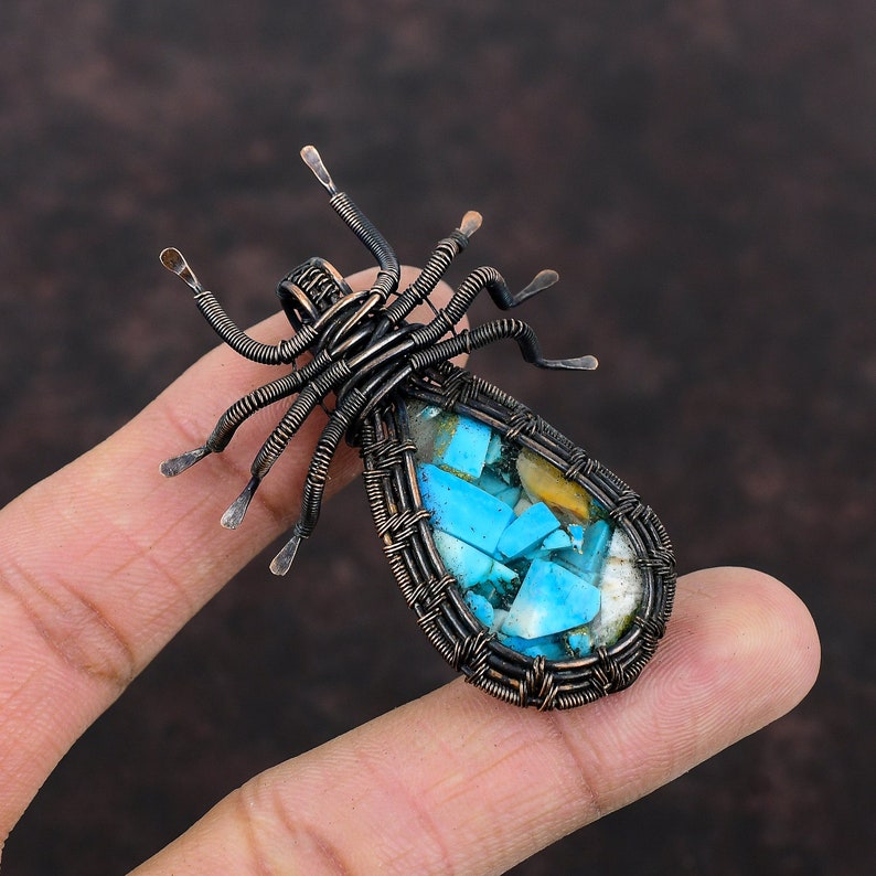 Copper Blue Turquoise Pendant Copper Wire Wrapped Spider Pendant Handmade Pendant Designer Copper Jewelry Anniversary Gift Gemstone Pendants image 7