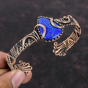 Lapis Lazuli Bangle Copper Wire Wrapped Bangle Adjustable Cuff Bracelet Gemstone Jewelry Handmade Bangle Antique Copper Jewelry Gift For Mom