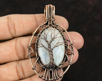 Tree Of Life Rainbow Moonstone Pendant Copper Wire Wrapped Gemstone Pendant Moonstone Jewelry Handmade Pendant Gift For Her Gift For Mother