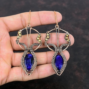 Faceted Blue Sapphire Earring Copper Wire Wrapped Earring Dainty Handmade Earrings Gemstone Copper Jewelry Designer Earring Anniversary Gift