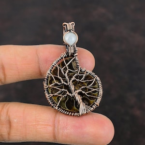 Tree Of Life Ammonite Fossil Pendant Copper Wire Wrapped Pendant Rainbow Moonstone Pendant Copper Jewelry Handmade Genuine Gemstone Pendant