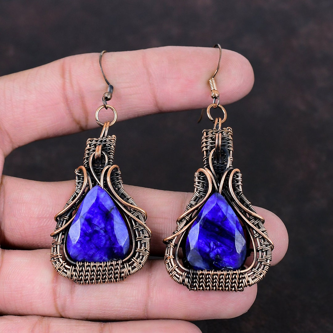 Faceted Blue Sapphire Earring Copper Wire Wrapped Earring Handmade