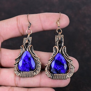 Faceted Blue Sapphire Earring Copper Wire Wrapped Earring Handmade Dainty Earring Gemstone Copper Jewelry Earring For Women Anniversary Gift