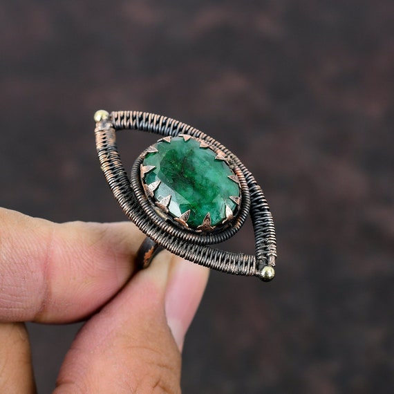 Faceted Zambian Emerald Ring Copper Wire Wrapped Ring Adjustable Ring Handmade Jewelry Original Gemstone Ring Copper Jewelry Engagement Gift