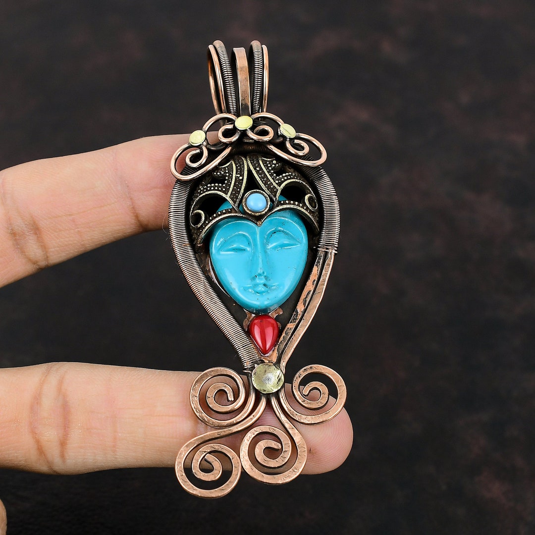Blue Carved Bone Face Pendant Copper Wire Wrapped Gemstone Pendant Italian Coral & Arizona