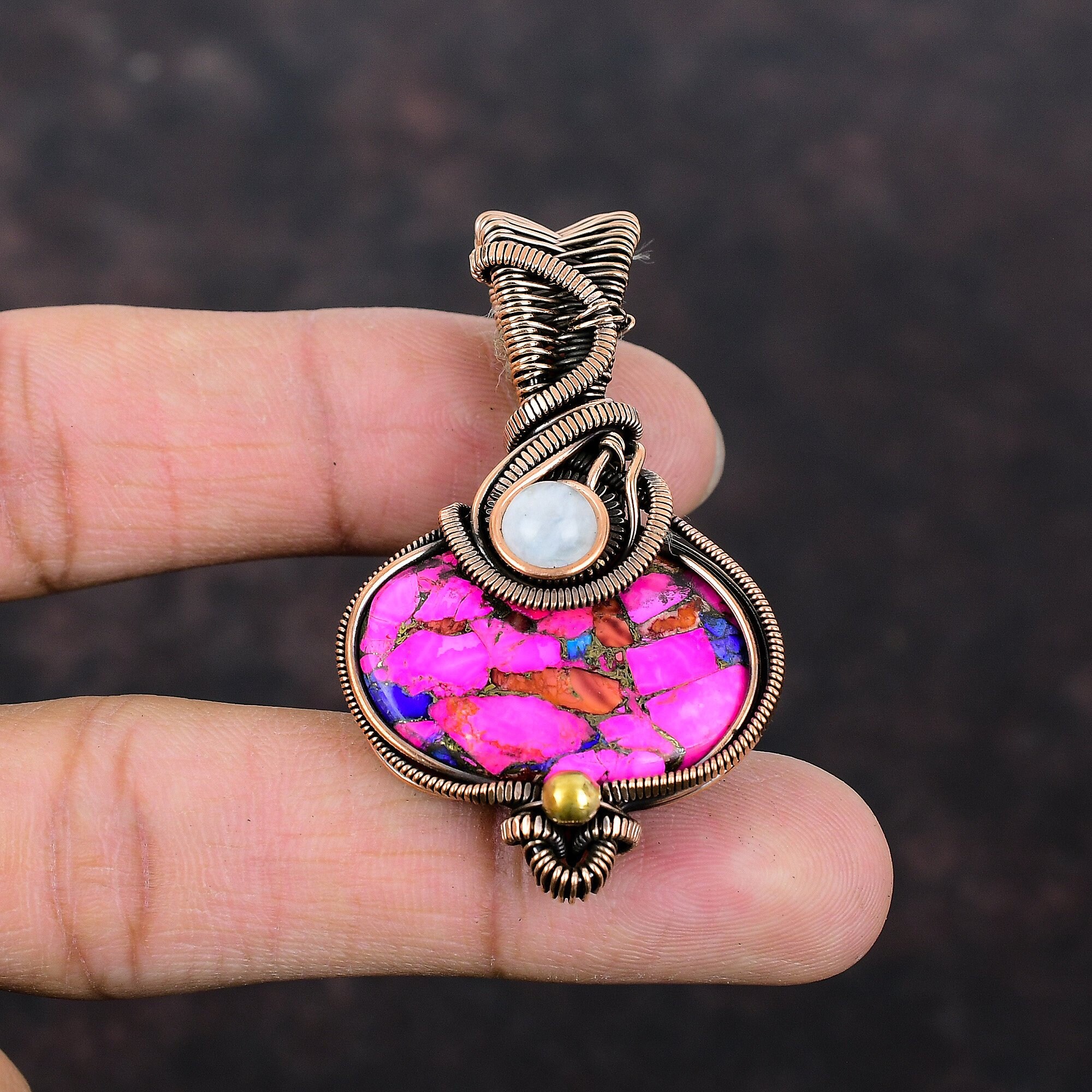 Natural Kingman Pink Dahlia Turquoise Pendant Copper Wire Wrapped