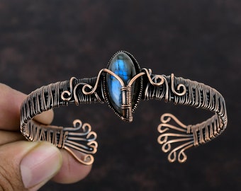 Labradorite Bangle Copper Wire Wrapped Cuff Bracelet Adjustable Bangle Gemstone Cuff Bracelet Handmade Bangle Labradorite Jewelry For Gift