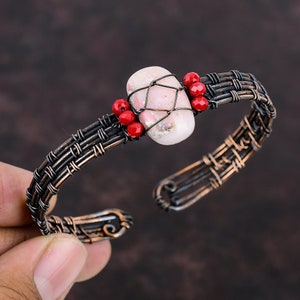 Pink Opal Copper Cuff Bracelet Red Coral Beads Bangle Copper Wire Wrapped Jewelry Adjustable Cuff Handmade Cuff Wire Wrapped Gemstone Bangle