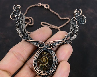 Ammonit Fossil Schmuck Kupfer Draht gewickelt Halskette Handgefertigter Kupfer Draht Schmuck Edelstein Halskette Ammonit Fossil Schmuck Geschenke Für Frauen
