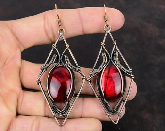 Red Fire Labradorite Earring Copper Wire Wrapped Gemstone Earring Handmade Earrings Labradorite Copper Jewelry Dangle Earrings Gift For Wife