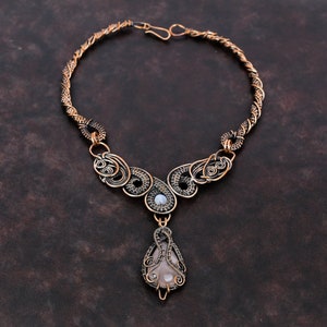 Rose Quartz Necklace Copper Wire Wrapped Gemstone Jewelry Rainbow Moonstone Necklace Handmade Copper Necklace Wire Wrapped Necklace For Gift