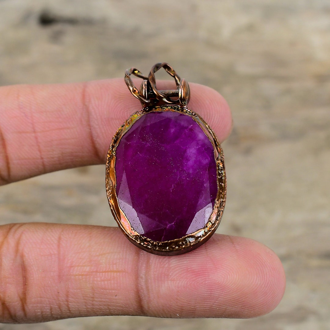 Faceted Kashmir Ruby Pendant Electroformed Copper Pendant Handmade