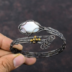Black Mother Of Pearl Bangle Copper Wire Wrapped Gemstone Cuff Bracelet Handmade Adjustable Bangle Copper Wire Wrapped Jewelry Gift For Her