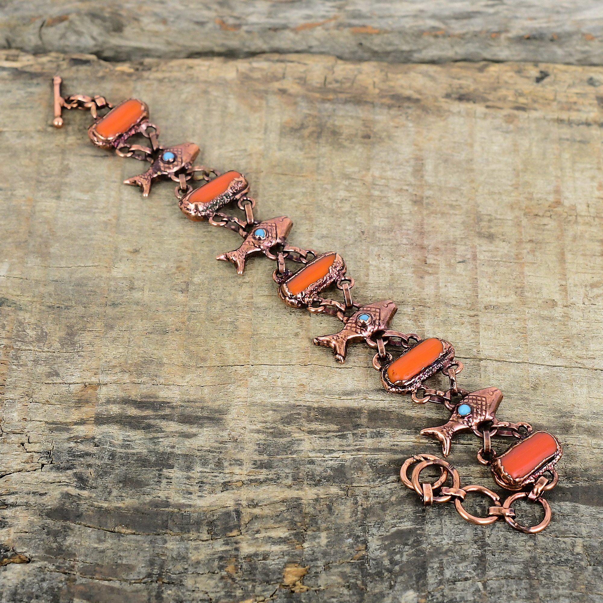 Red Coral Gemstone Bracelet Electroformed Copper Bracelet Handmade Turquoise Bracelet Adjustable Chain Bracelet Fish Design Jewelry For Gift