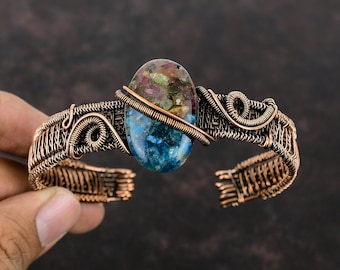 Copper Watermelon Tourmaline Cuff Bracelet Gemstone Adjustable Bracelet Copper Wire Wrapped Cuff Bracelet Handmade Bangles Wire Wrap Jewelry