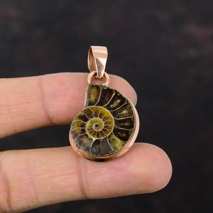 Handmade Copper Ammonite Fossil Pendant, Healing Stone Jewelry