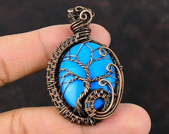 Colgante turquesa con forma de árbol de la vida de la Bella Durmiente, envuelto en alambre de cobre, hecho a mano, joyería de cobre para regalo, colgante de piedra preciosa natural.