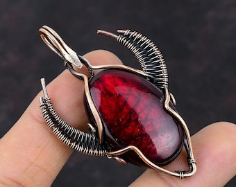 Red Fire Labradorite Pendant Copper Wire Wrapped Pendant Gemstone Handmade Pendant Copper Wire Wrap Jewelry For Gift Bull Face Shape Pendant