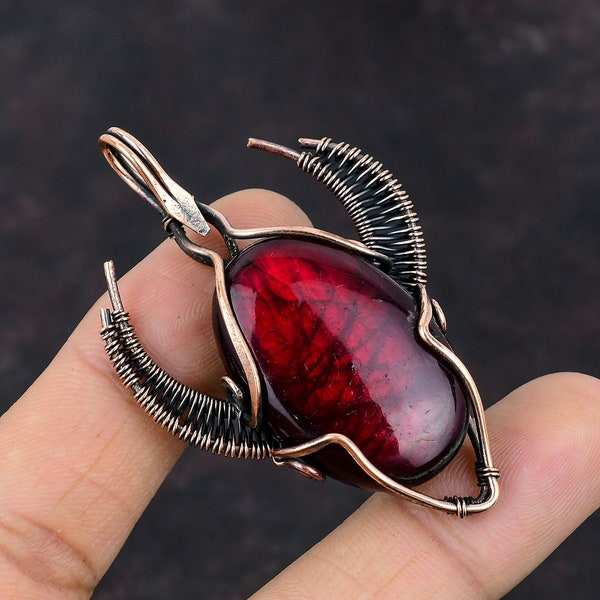 Pendentif en labradorite de feu rouge, pendentif enveloppé de fil de cuivre, pierre précieuse faite à la main, bijoux enroulés en fil de cuivre pour cadeau, pendentif en forme de visage de taureau