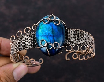 Bracciale rigido regolabile in filo di rame con labradorite, bracciale rigido con pietre preziose, gioielli in filo di rame, bracciale rigido fatto a mano, regali per l'anniversario