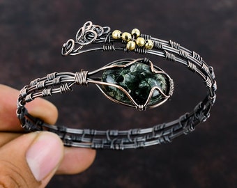 Handmade Seraphinite Cuff Bracelet, Copper Wire Wrapped Bangle