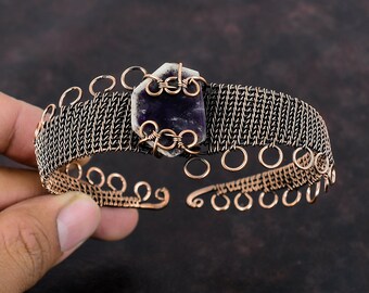 Super 23 Amethyst Cuff Bracelet Copper Wire Wrapped Bangle Adjustable Cuff Bracelet Handmade Gemstone Bangle Copper Jewelry Anniversary Gift