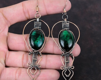 Green Fire Labradorite Earrings: Handmade Copper Wire Wrapped Gemstone Jewelry