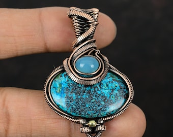 Handmade Copper Wire Wrapped Chrysocolla & Chalcedony Pendant