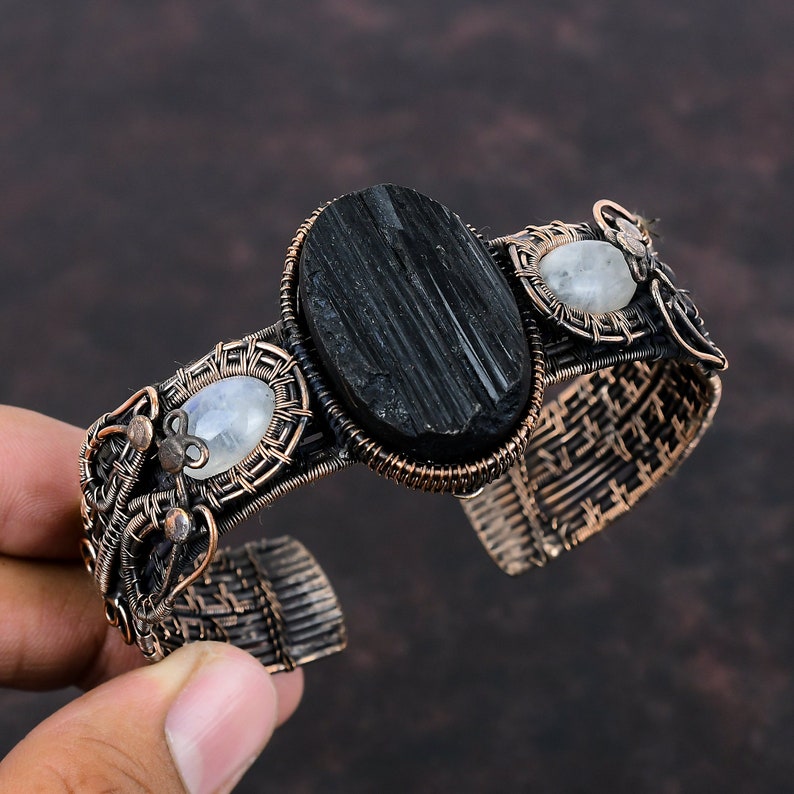 Black Tourmaline Rough Cuff Bracelet Copper Wire Wrapped Gemstone Bangle Moonstone Bracelet Handmade Adjustable Bangle Unique Copper Jewelry image 7
