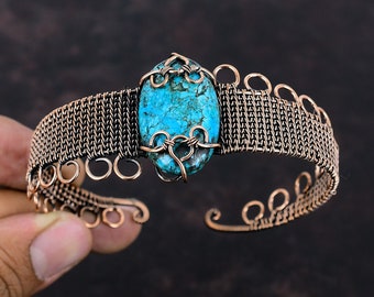 Tibetan Turquoise Gemstone Cuff Bracelet Copper Wire Wrapped Handmade Bangle Adjustable Cuff Bangle Copper Wire Wrapped Bangle Gift For Him