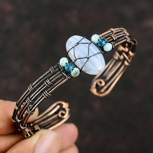 Blue Lace Agate Cuff Bracelet Blue Chalcedony & Swiss Blue Topaz Beads Bangle Copper Wire Wrapped Handmade Jewelry Adjustable Cuff Bracelet