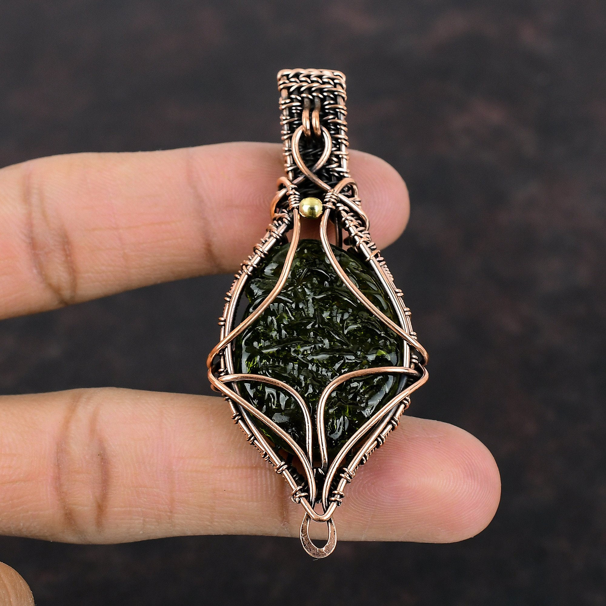 Moldavite Gemstone Pendant Copper Wire Wrapped Pendant Moldavite