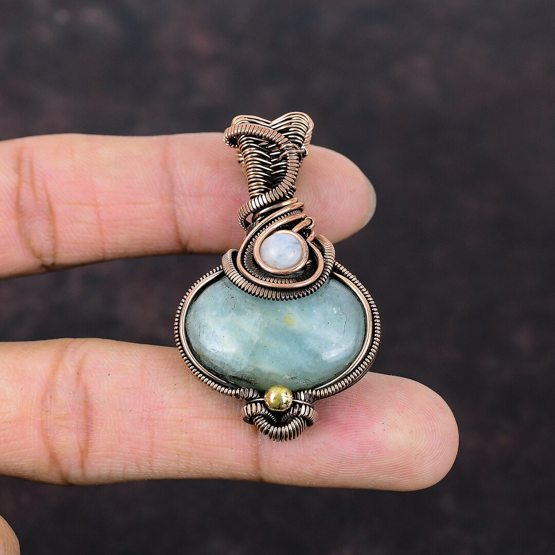 Aquamarine Pendant Copper Wire Wrapped Pendant Rainbow Moonstone