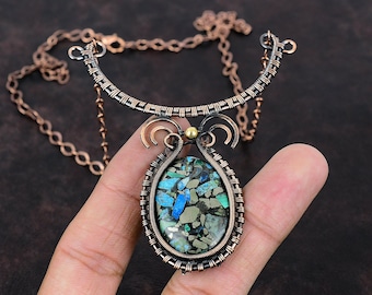 Copper Azurite Malachite Gemstone Necklace Copper Wire Wrapped Necklace Adjustable Necklace Handmade Copper Jewelry Dainty Necklace For Gift