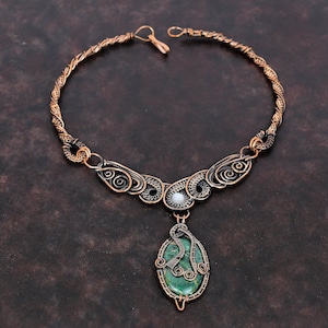 Cuprite Chrysocolla Necklace Copper Wire Wrapped Gemstone Necklace Handmade Copper Wire Wrap Jewelry Rainbow Moonstone Necklace Gift For Mom