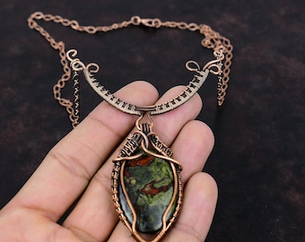 Collar de cobre con piedra de sangre de dragón, collar ajustable con alambre envuelto en alambre, collar de piedras preciosas, joyería de cobre hecha a mano con alambre envuelto, regalo para ella.