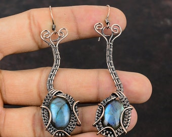 Labradorite boucle d'oreille fil de cuivre enveloppé boucles d'oreilles pierres précieuses bijoux boucles d'oreilles faites à la main fil de cuivre bijoux cadeau pour maman boucles d'oreilles en pierre de guérison