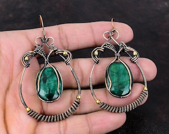 Faceted Zambian Emerald Earring Copper Wire Wrapped Earrings Stylish Earrings Gemstone Copper Jewelry Wedding Gift Handmade Antique Earrings