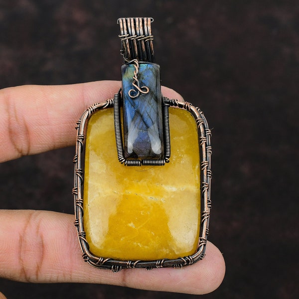 Yellow Lace Agate Pendant Copper Wire Wrapped Pendant Natural Gemstone Jewelry Labradorite Pendant Handmade Pendant Copper Jewelry For Women