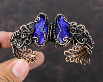 Faceted Blue Sapphire Cuff Bracelet Copper Wire Wrapped Bangle Adjustable Cuff Bracelet Handmade Bangle Gemstone Copper Jewelry Gift For Mom