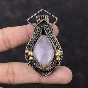 Rose Quartz Pendant Copper Wire Wrapped Jewelry Handmade Dainty Pendant Wire Wrapped Pendant Gemstone Jewelry Copper Pendant Gift For Women