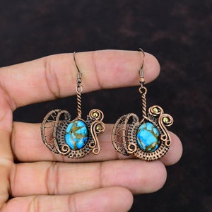 Copper Blue Turquoise Earring Copper Wire Wrapped Earring Gemstone Earrings Copper Jewelry Handmade Earring Wire Wrap Jewelry Gift For Women