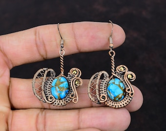 Copper Blue Turquoise Earring Copper Wire Wrapped Earring Gemstone Earrings Copper Jewelry Handmade Earring Wire Wrap Jewelry Gift For Women