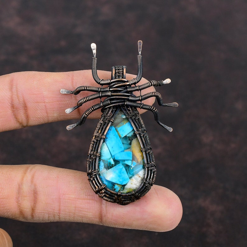 Copper Blue Turquoise Pendant Copper Wire Wrapped Spider Pendant Handmade Pendant Designer Copper Jewelry Anniversary Gift Gemstone Pendants image 6