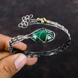 Malachite Cuff Bracelet Copper Wire Wrapped Adjustable Bangle Handmade Cuff Bracelet Natural Gemstone Bangle Copper Jewelry Gift For Mother
