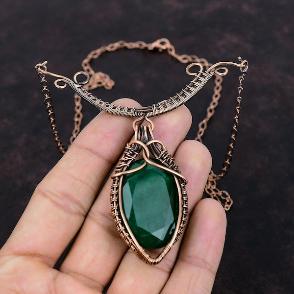 Faceted Zambian Emerald Necklace Copper Wire Wrapped Gemstone Necklace Copper Jewelry Stylish Necklace For Gift Handmade Adjustable Necklace