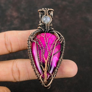 Tree Of Life Pink Dendrite Opal Pendant Copper Wire Wrapped Pendant Handmade Copper Jewelry Wrapping Stone Pendant Rainbow Moonstone Jewelry