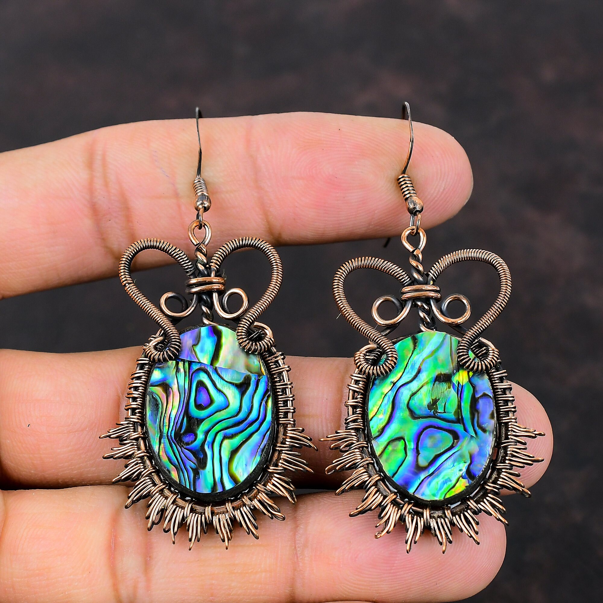 Abalone Shell Gemstone Earring Copper Wire Wrapped Earrings Handmade Abalone Shell Jewelry Gift For Her Dangle Earring Dainty Copper Jewelry